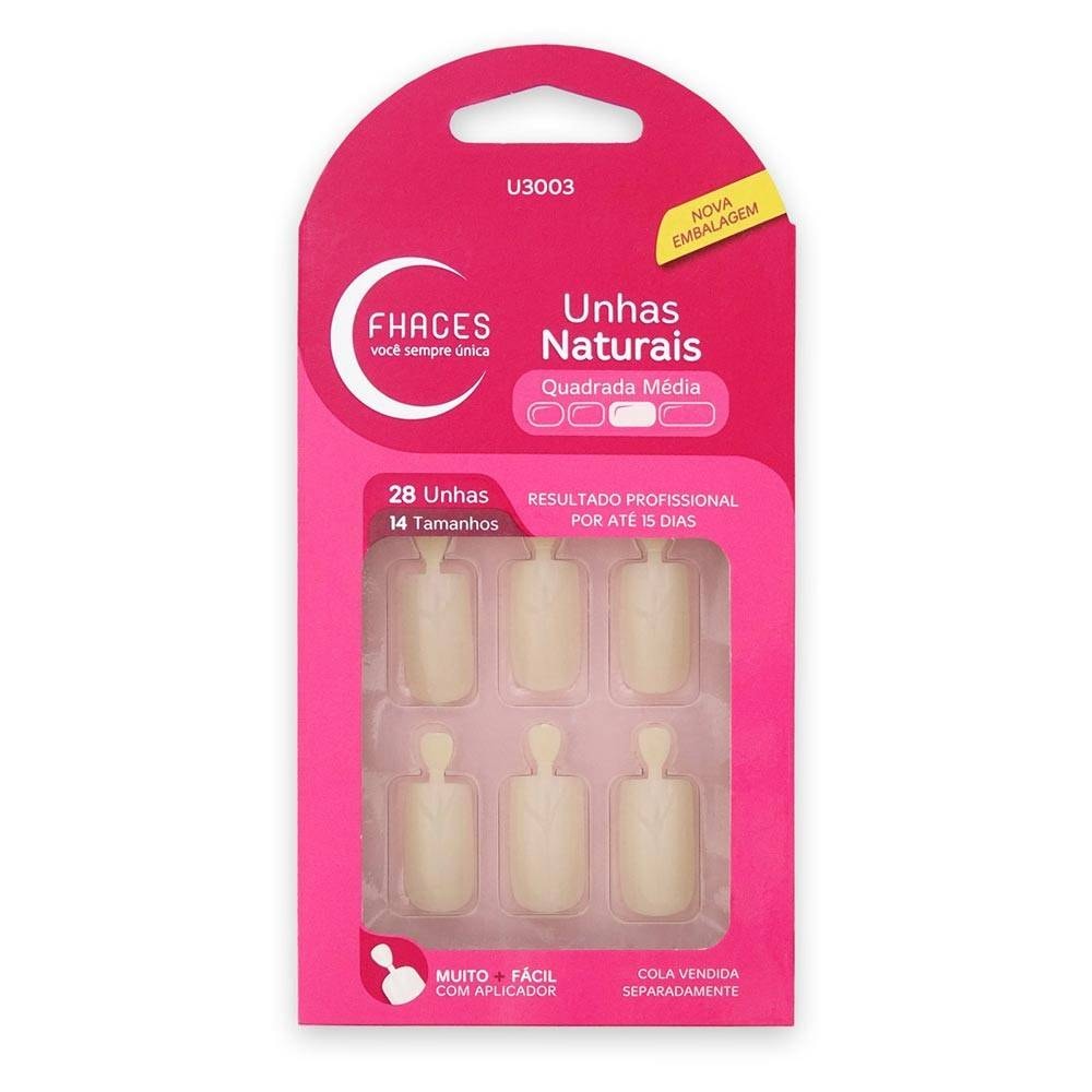 Unha Postiça Fhaces Natural Quadrada Média 28un